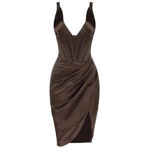 Brown Satin Corset Midi Dress Size 4 (S-M)